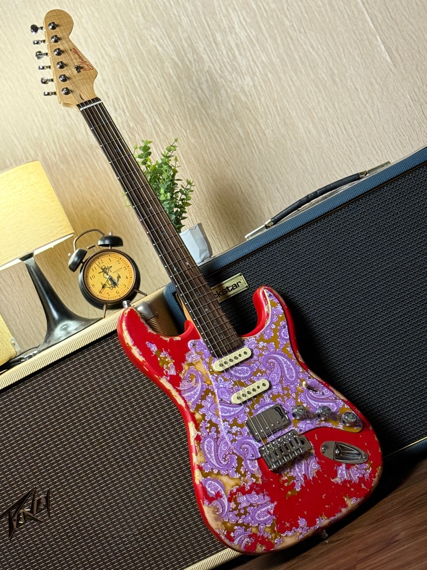 Dhatarattha Classic DST HSS in Candy Apple Red over Purple Paisley with Rosewood FB and Nitrocellulose Lacquer Relic