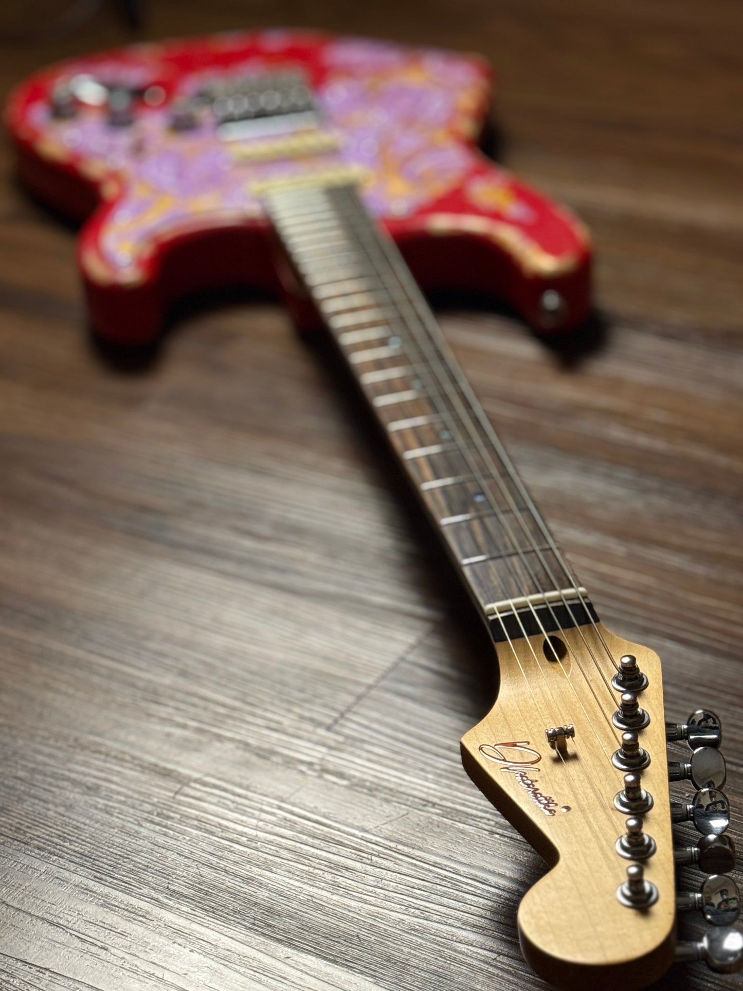 Dhatarattha Classic DST HSS in Candy Apple Red over Purple Paisley with Rosewood FB and Nitrocellulose Lacquer Relic