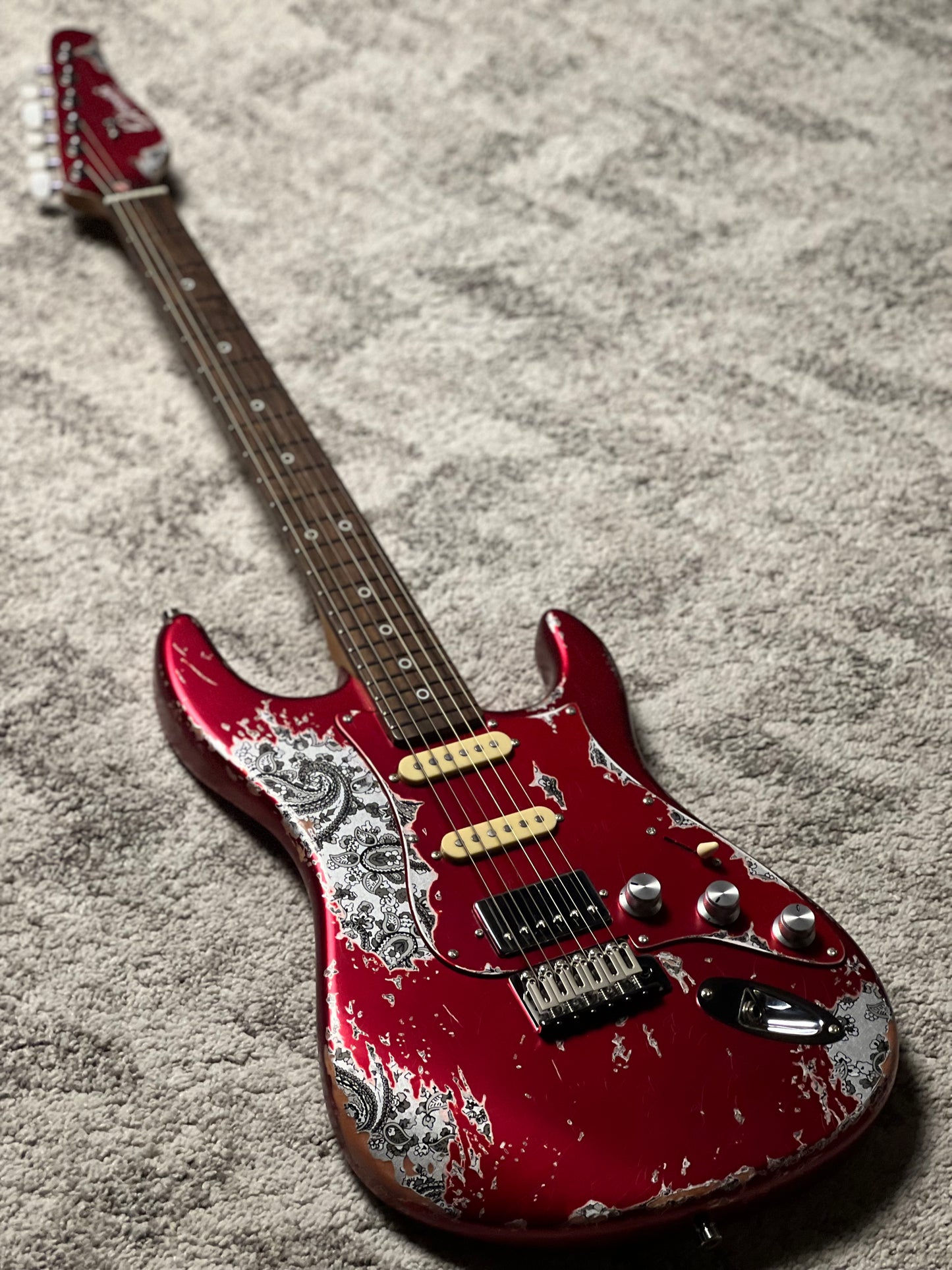 Dhatarattha Performance DST HSS in Candy Apple Red over Black Paisley with RW FB and Nitrocellulose Lacquer Relic