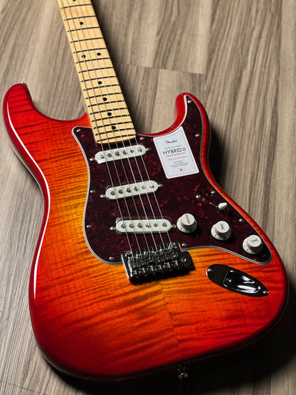 Fender Japan Hybrid II Stratocaster with Maple FB in Flame Sunset Orange Transparent JD24010034