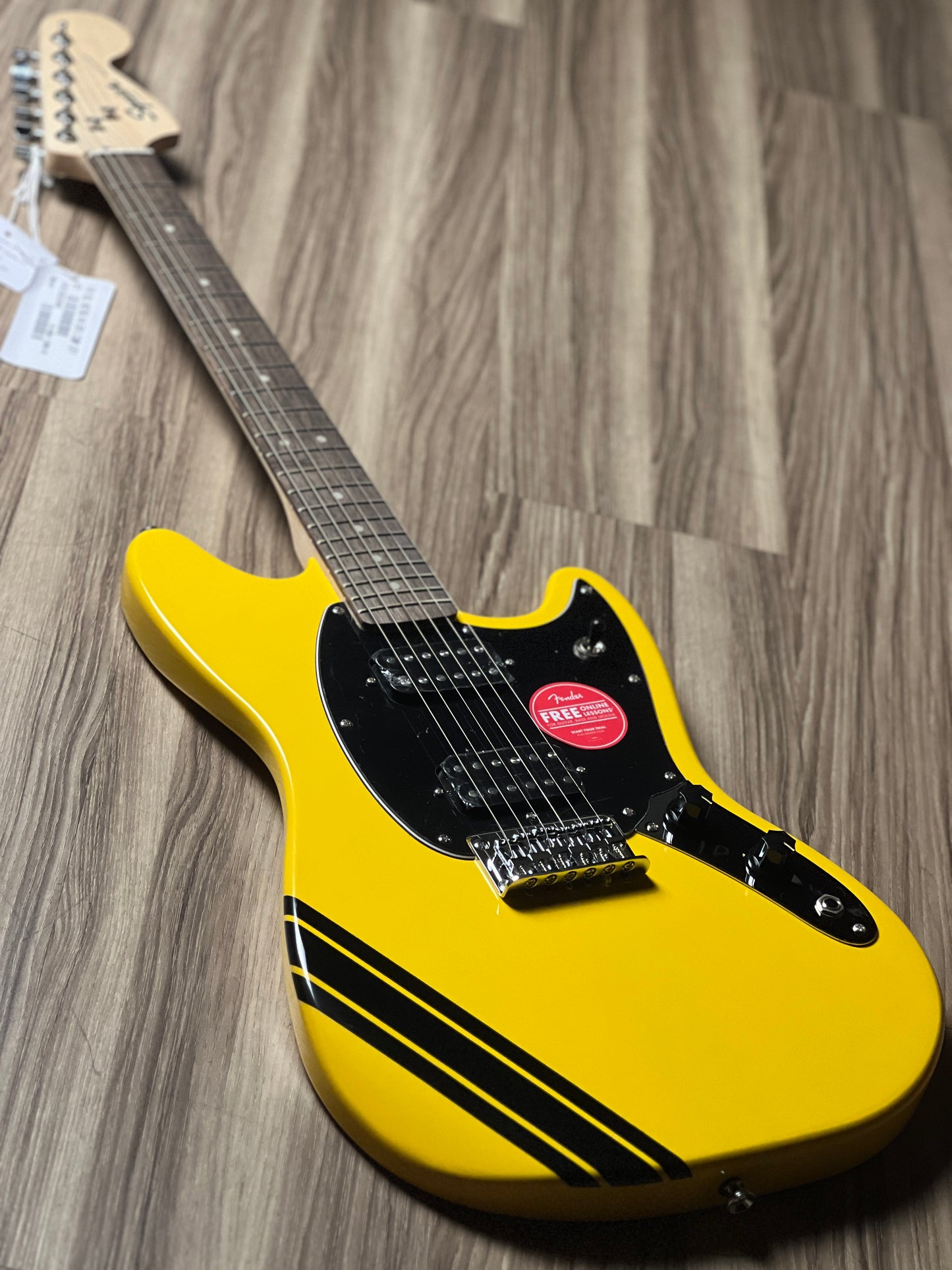 Squier FSR Bullet Competition HH Mustang Guitar With Black Stripes And Laurel FB In Graffiti Yellow