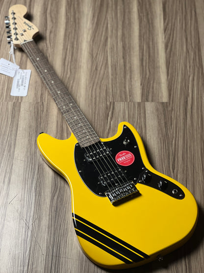 Squier FSR Bullet Competition HH Mustang Guitar With Black Stripes And Laurel FB In Graffiti Yellow