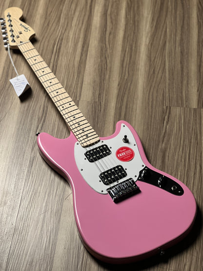 Squier Sonic Mustang HH w/White Pickguard with Maple FB in Flash Pink