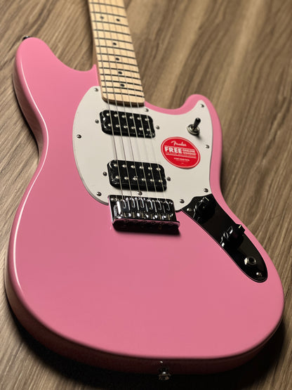 Squier Sonic Mustang HH w/White Pickguard with Maple FB in Flash Pink