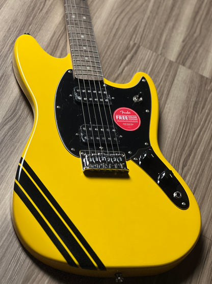 Squier FSR Bullet Competition HH Mustang Guitar With Black Stripes And Laurel FB In Graffiti Yellow