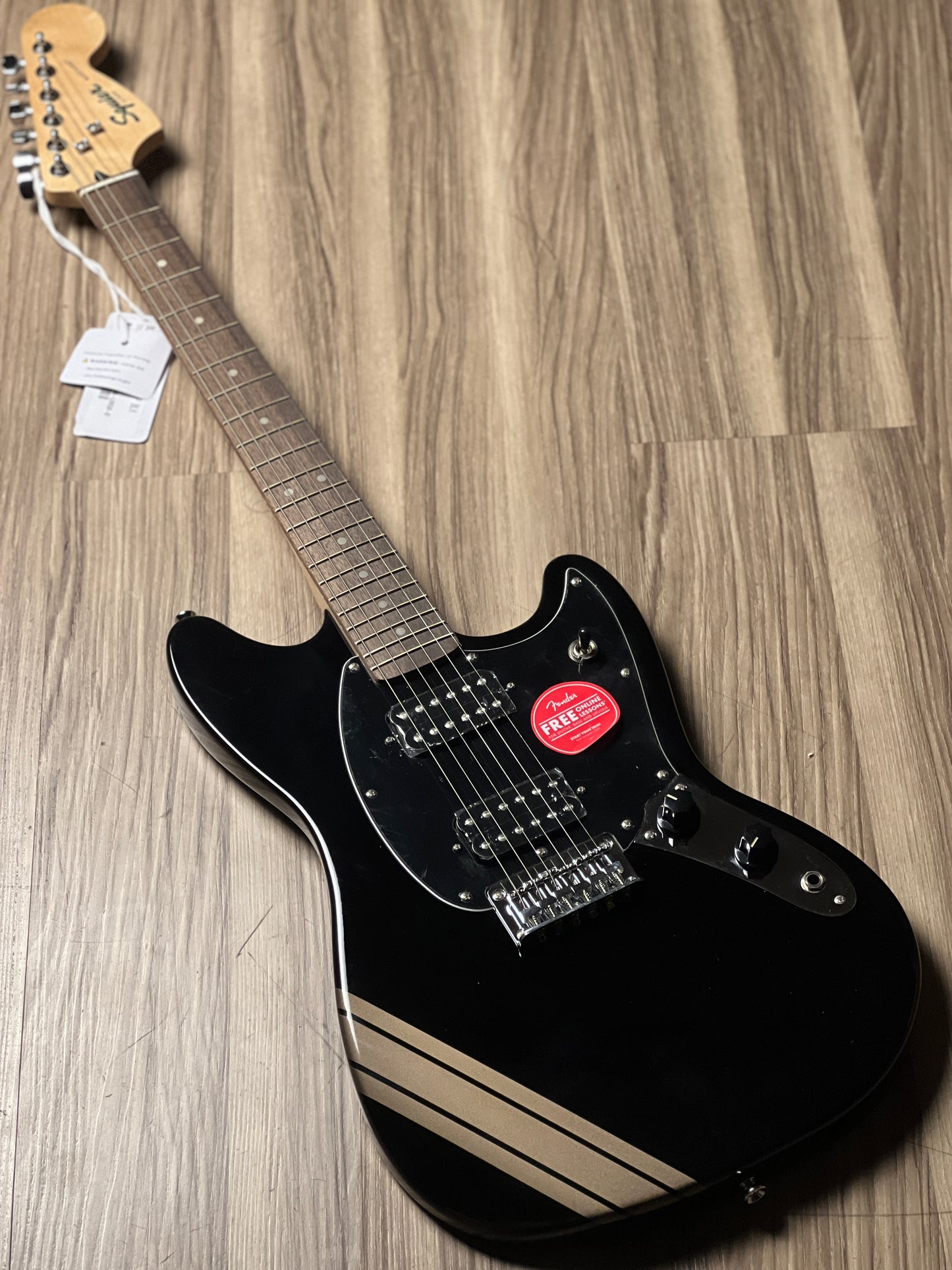 Squier FSR Bullet Competition HH Mustang With Shoreline Stripes And Laurel FB In Black