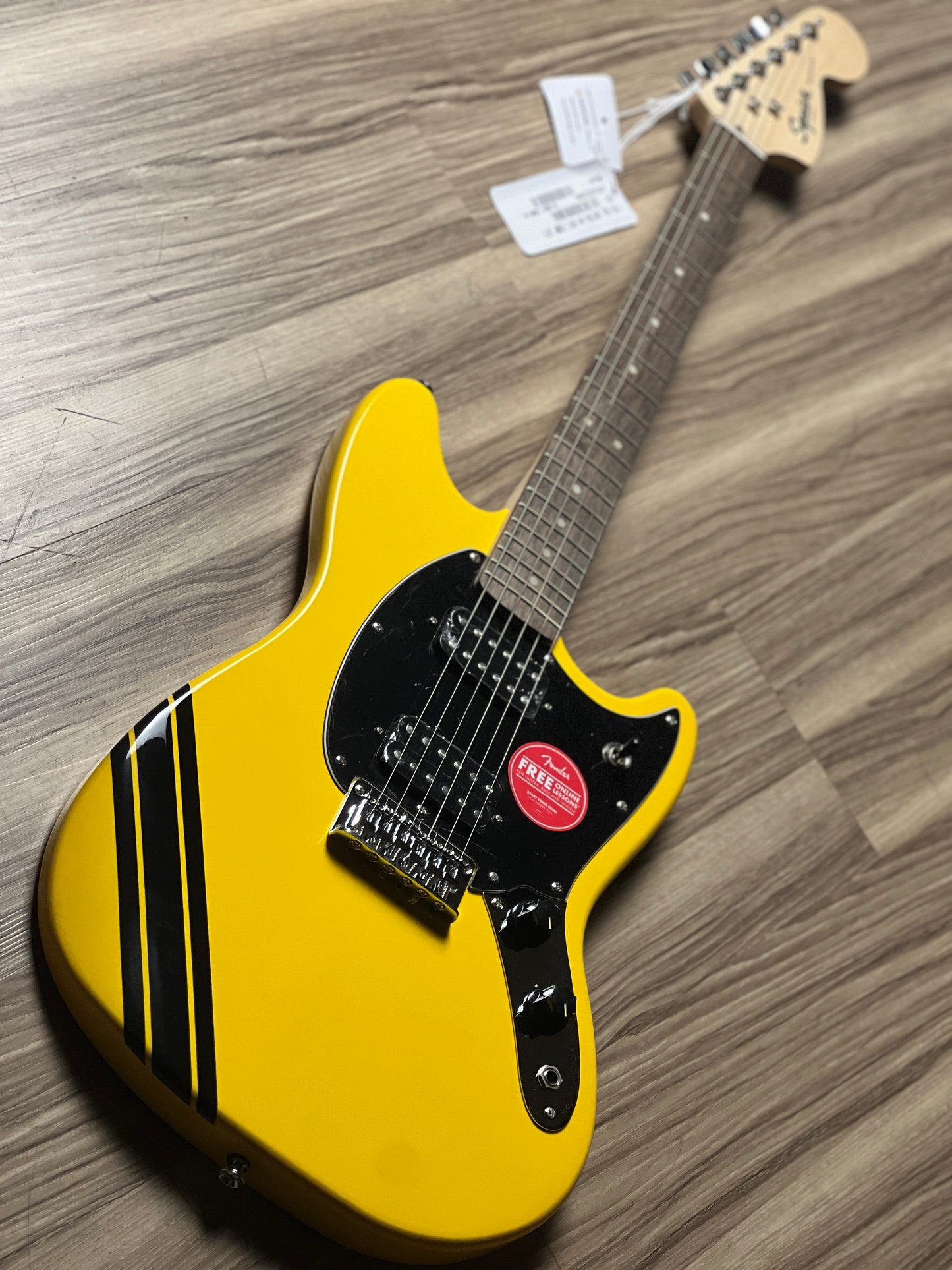 Squier FSR Bullet Competition HH Mustang Guitar With Black Stripes And Laurel FB In Graffiti Yellow