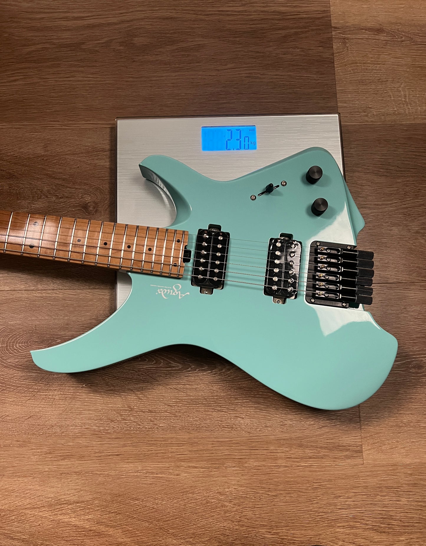 Aguda Musicboy with Premium Glossy Roasted Flame Maple Neck in in Seafoam Green 1
