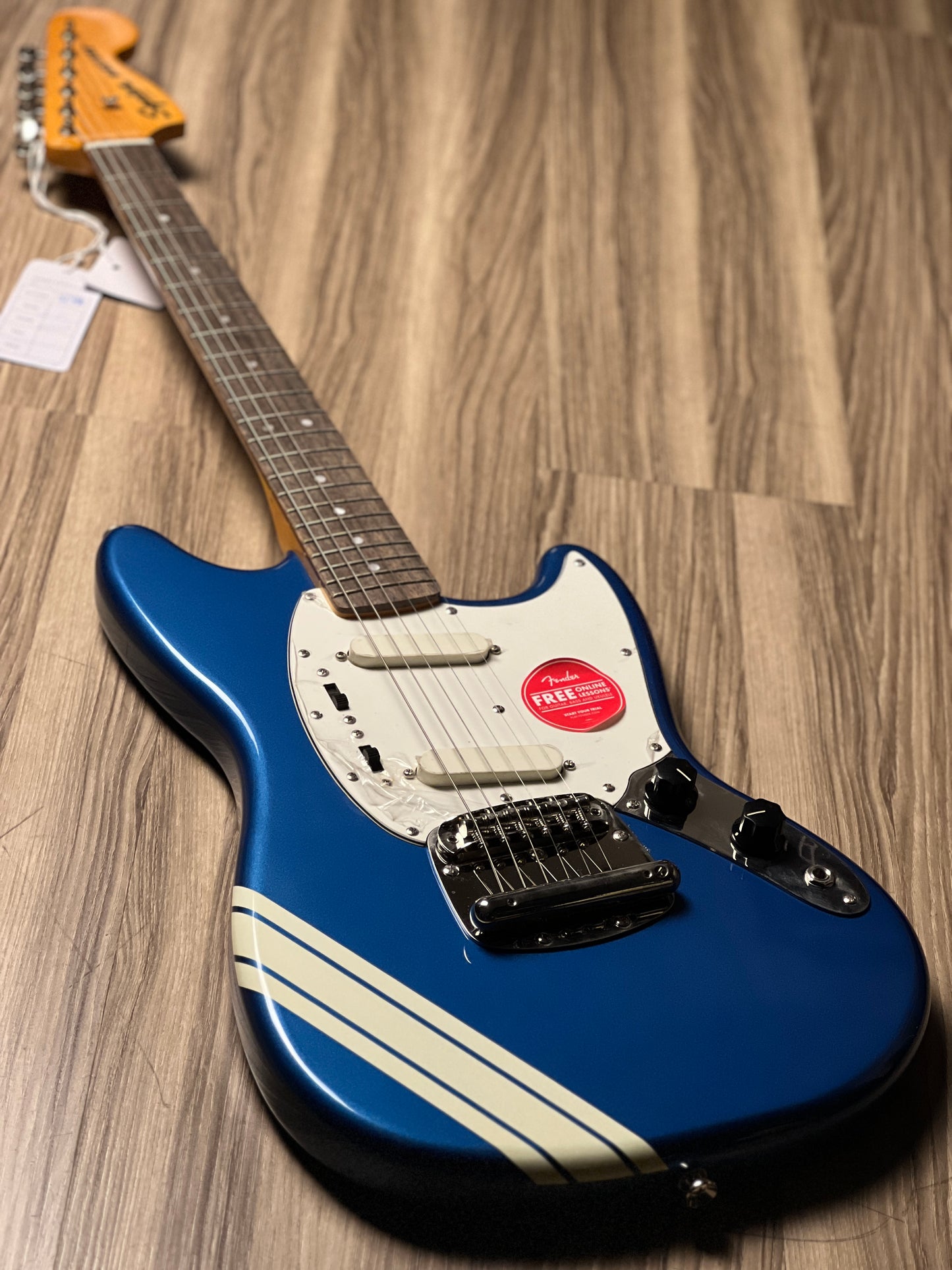 Squier FSR Classic Vibe 60s Competition Mustang Guitar w/ Olympic White Stripes in Lake Placid Blue