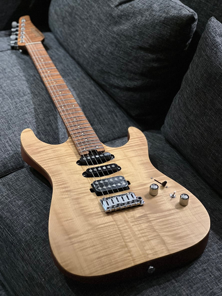 Soloking MS-1 Custom 24 HSS Flat Top FMN Elite in Natural Satin with Roasted Flame Maple Neck