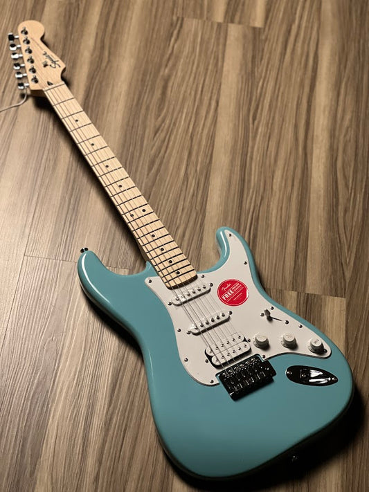 Squier FSR Sonic Stratocaster HSS Electric Guitar w/White Pickguard with Maple FB in Tropical Turquoise