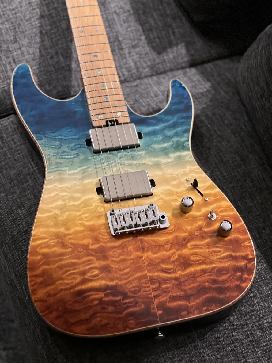 Soloking MS-1 Custom 24 HH Quilt FMN Roasted Flame Maple Neck in Beach Sunset Surf Fade JESCAR