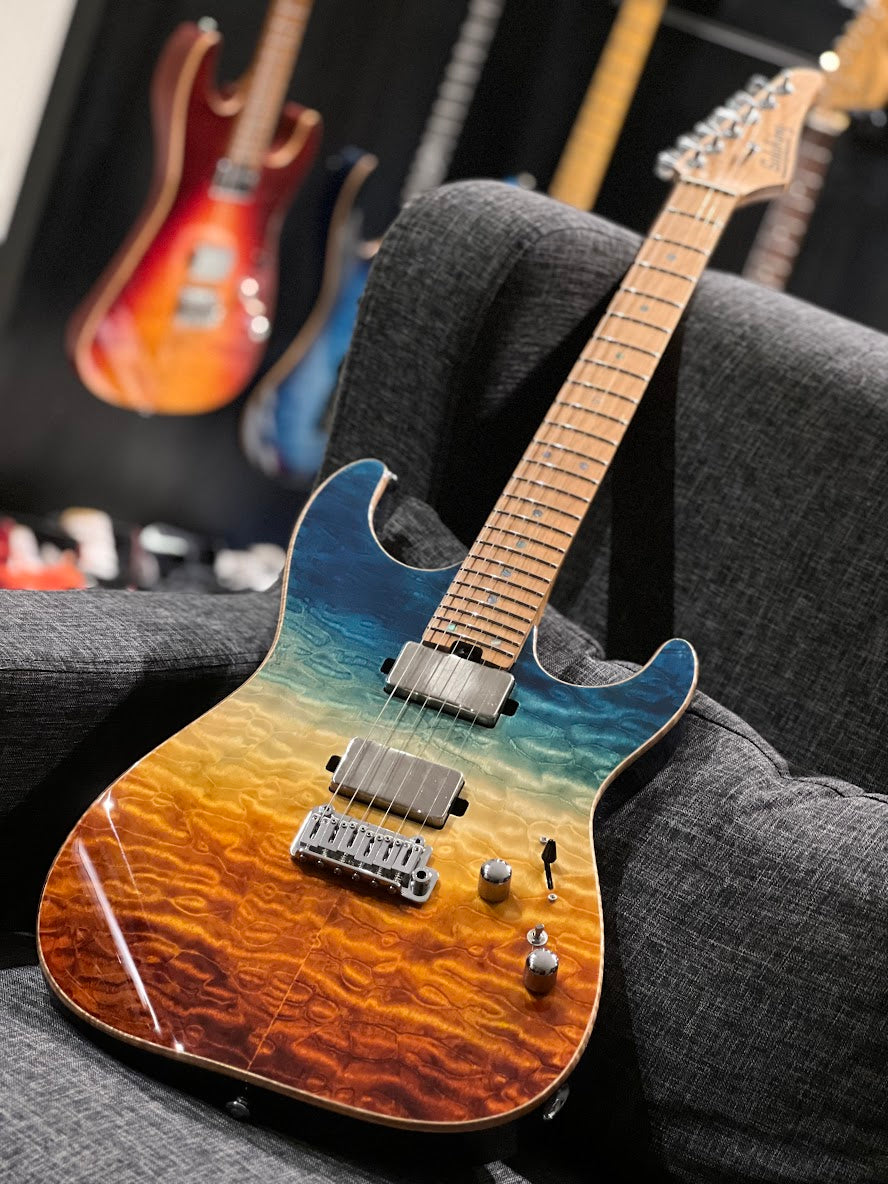 Soloking MS-1 Custom 24 HH Quilt FMN Roasted Flame Maple Neck in Beach Sunset Surf Fade JESCAR