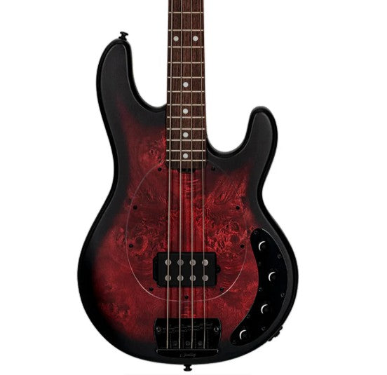 Sterling by Music Man Ray34 Poplar Burl Top 4-String Bass in Dark Scarlet Burst Satin