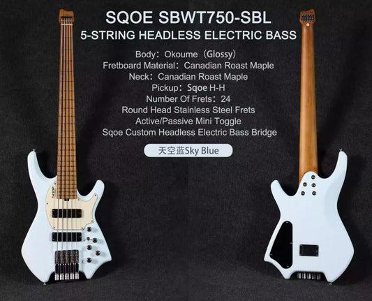SQOE SBWT750 SBL Warrior 5-String Headless Bass in Sonic Blue