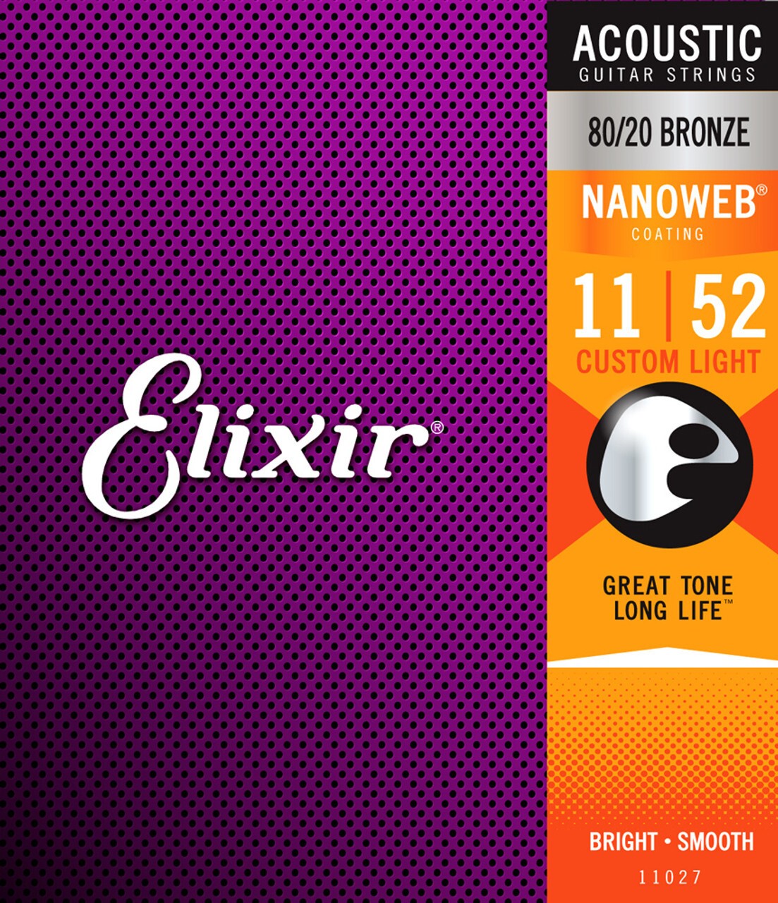 Elixir 11027 Nanoweb 80/20 Bronze Acoustic Guitar Strings, Custom Light, 11-52