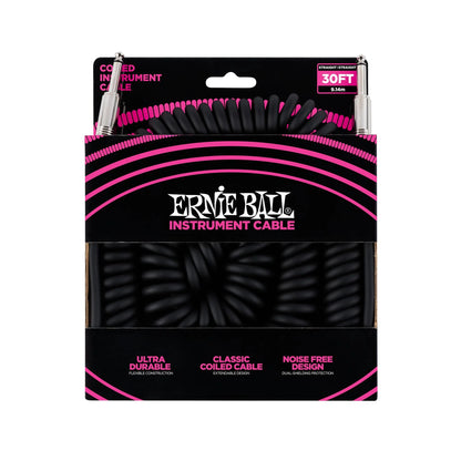 Ernie Ball 30' Coiled Straight to Straight Instrument Cable in Black