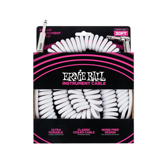 Ernie Ball 30' Coiled Straight to Angled Instrument Cable in White