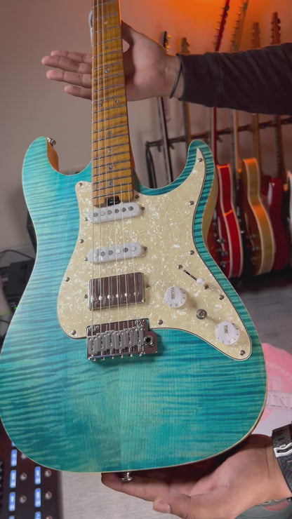 Soloking MS-1 Classic Flat Top FMN Roasted Flame Maple Neck in Jeans Pacific Blue