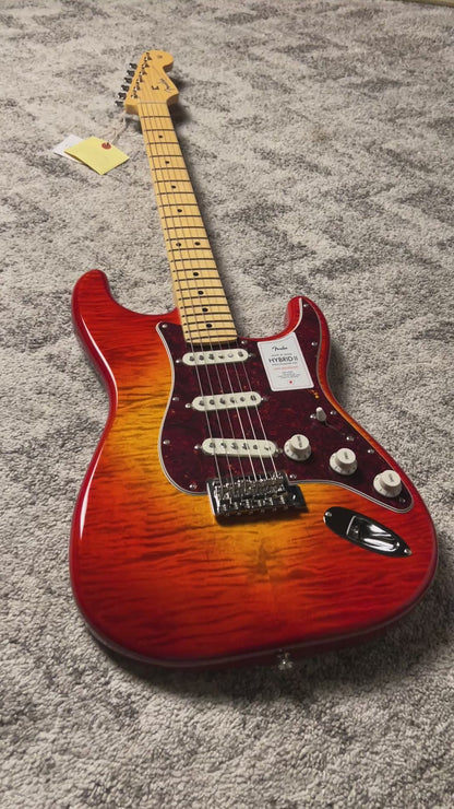 Fender Japan Hybrid II Stratocaster with Maple FB in Flame Sunset Orange Transparent JD24003542