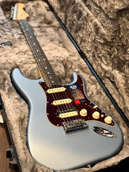 Fender American Elite Stratocaster HSS Shawbucker พร้อม Ebony FB - Satin Ice Blue Metallic