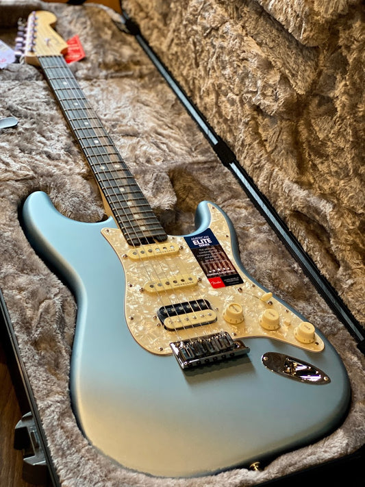 Fender American Elite Stratocaster HSS Shawbucker with Ebony FB in Satin Ice Blue Metallic
