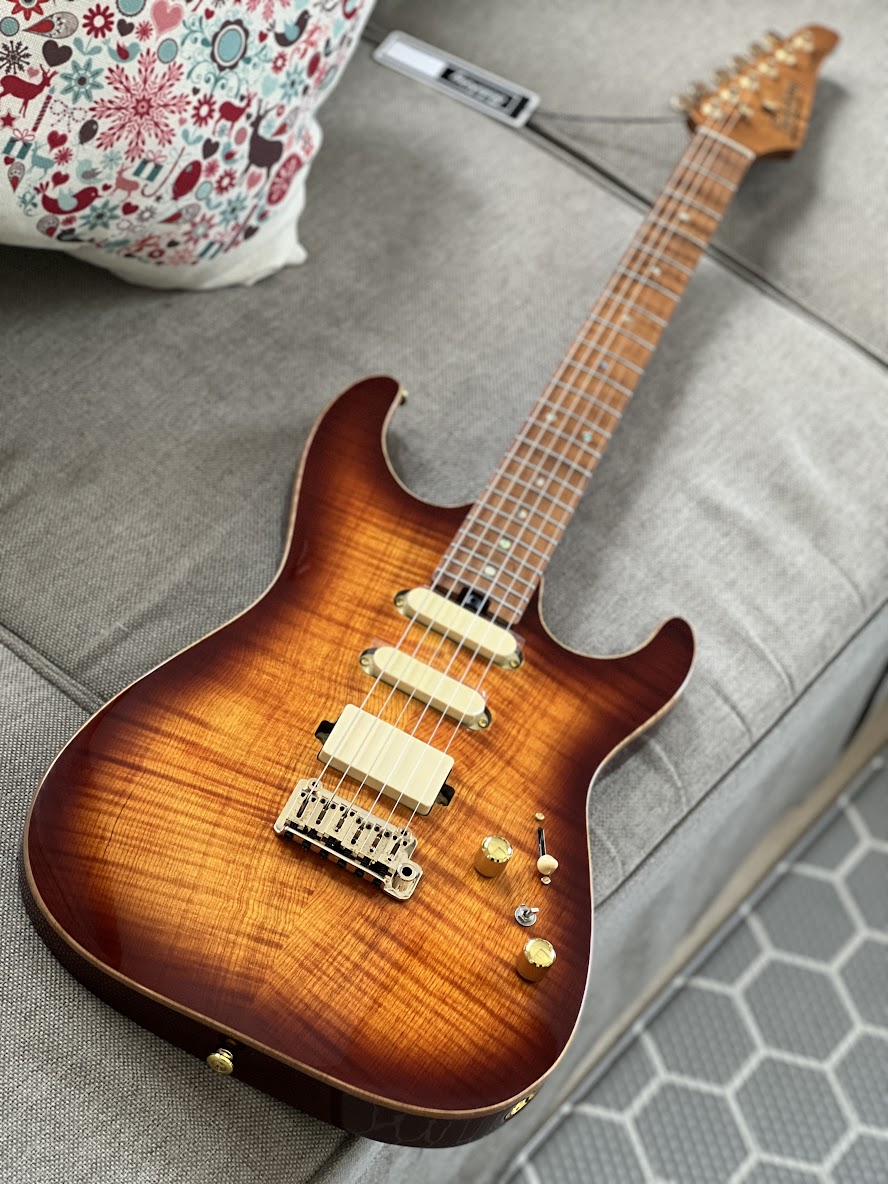Soloking MS-1 Custom 22 HSS Flat Top One Piece Roasted Flame Neck in Bengal Burst Nafiri Special Run