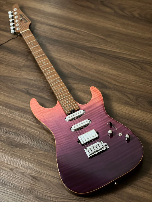 Soloking MS-1 Custom 22 HSS Flat Top Elite with One Piece Roasted Flame Neck in Purple Surf