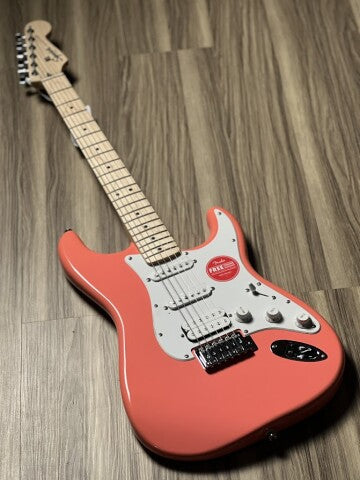 Squier Sonic Stratocaster HSS w/White Pickguard with Maple FB in Tahitian Coral