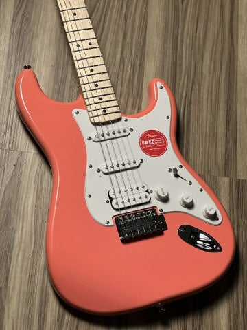 Squier Sonic Stratocaster HSS w/White Pickguard with Maple FB in Tahitian Coral