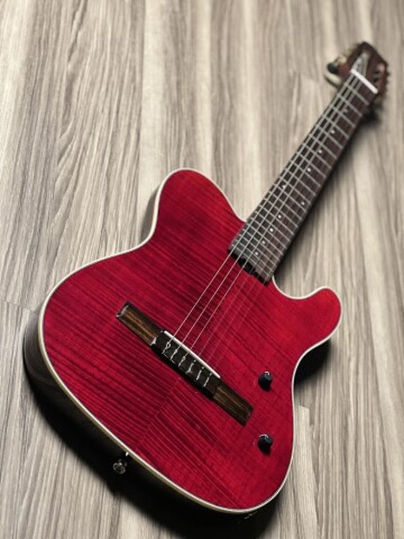 SQOE Spain SEGD900 Flamed Top Nylon Electric Guitar with Piezo in Dark Cherry Red